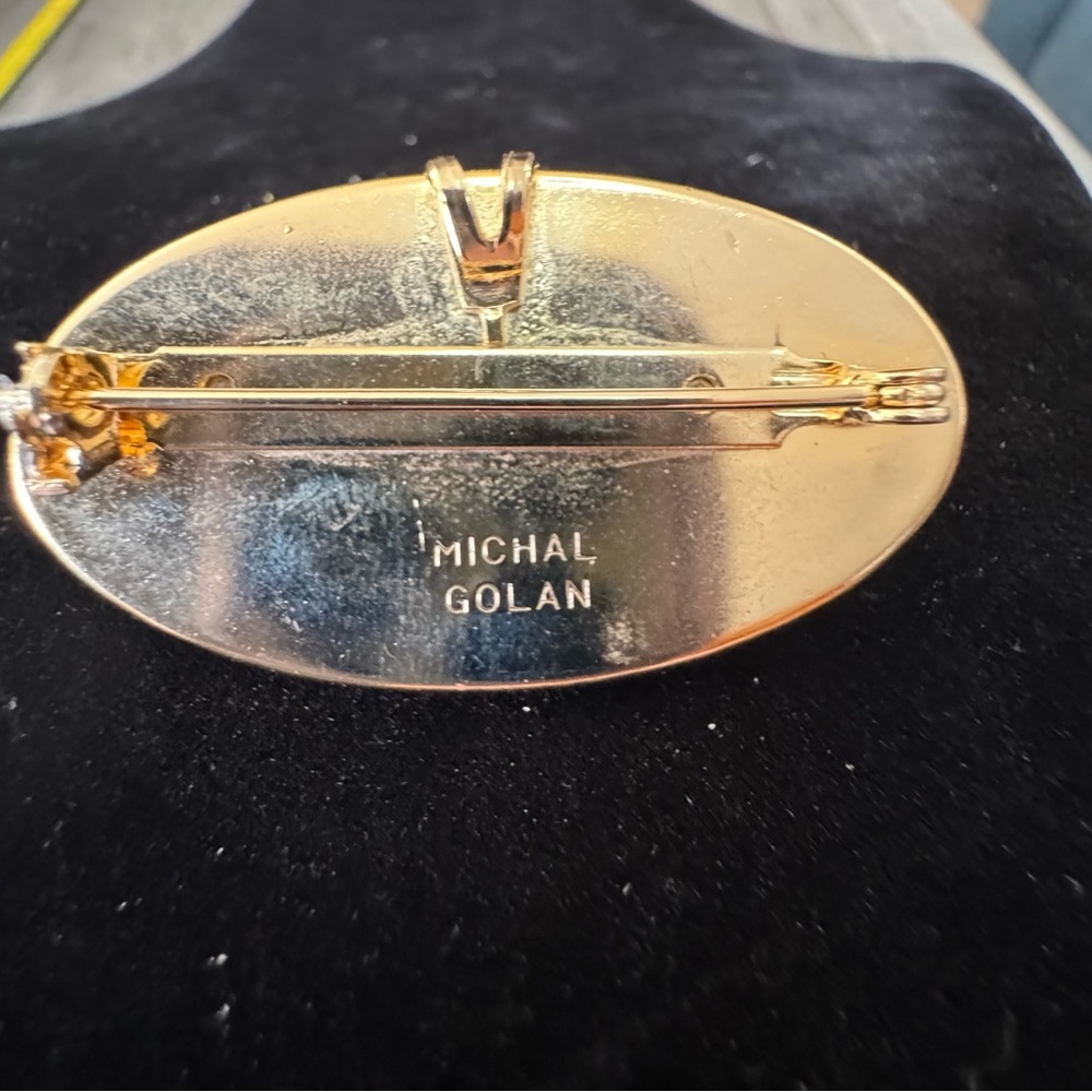 MICHAL GOLAN Silver & Gold Tone Oval Pin Brooch Pendant With Garnet / Jade - Picture 4 of 9